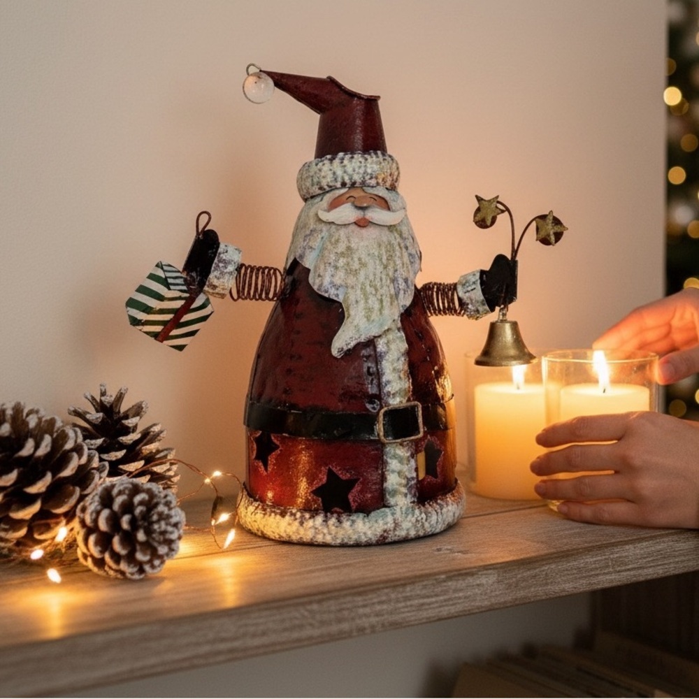 Santa Claus Metal Tealight Candle Holder Christmas/Holiday Red/White EUC